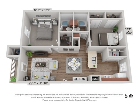 Floor plan for 2 beds, 2 baths, 907 sqft